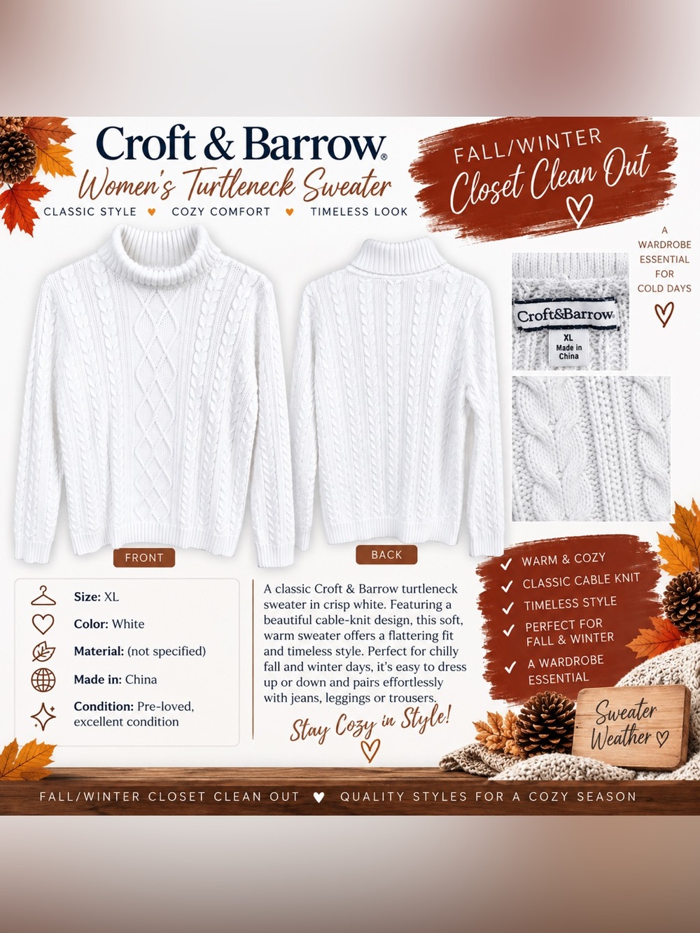 croft & barrow White Cable-Knit Turtleneck Sweater